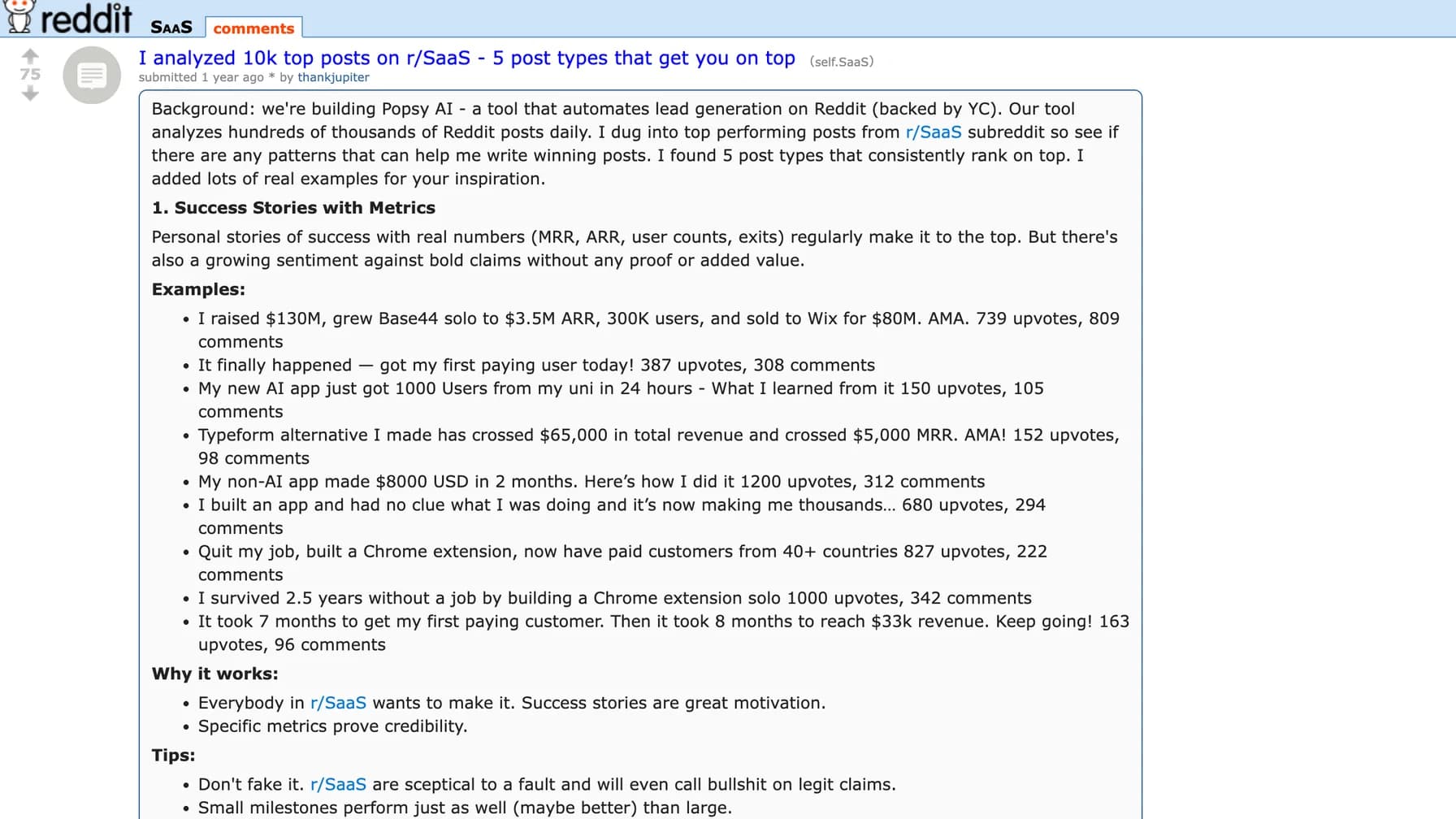 Popsy AI 在 Reddit 公开的高互动帖子分析