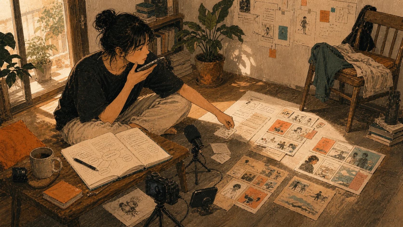 晨光里的居家工作室,一位独立创作者把一篇长文拆成纸片、语音和画面顺序